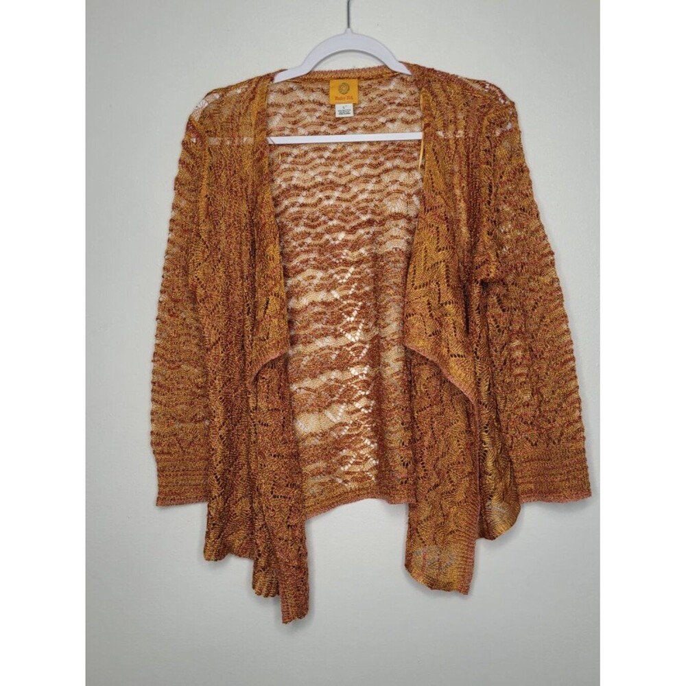 Ruby Rd orange tones open knit open front cascading artsy cardigan size large